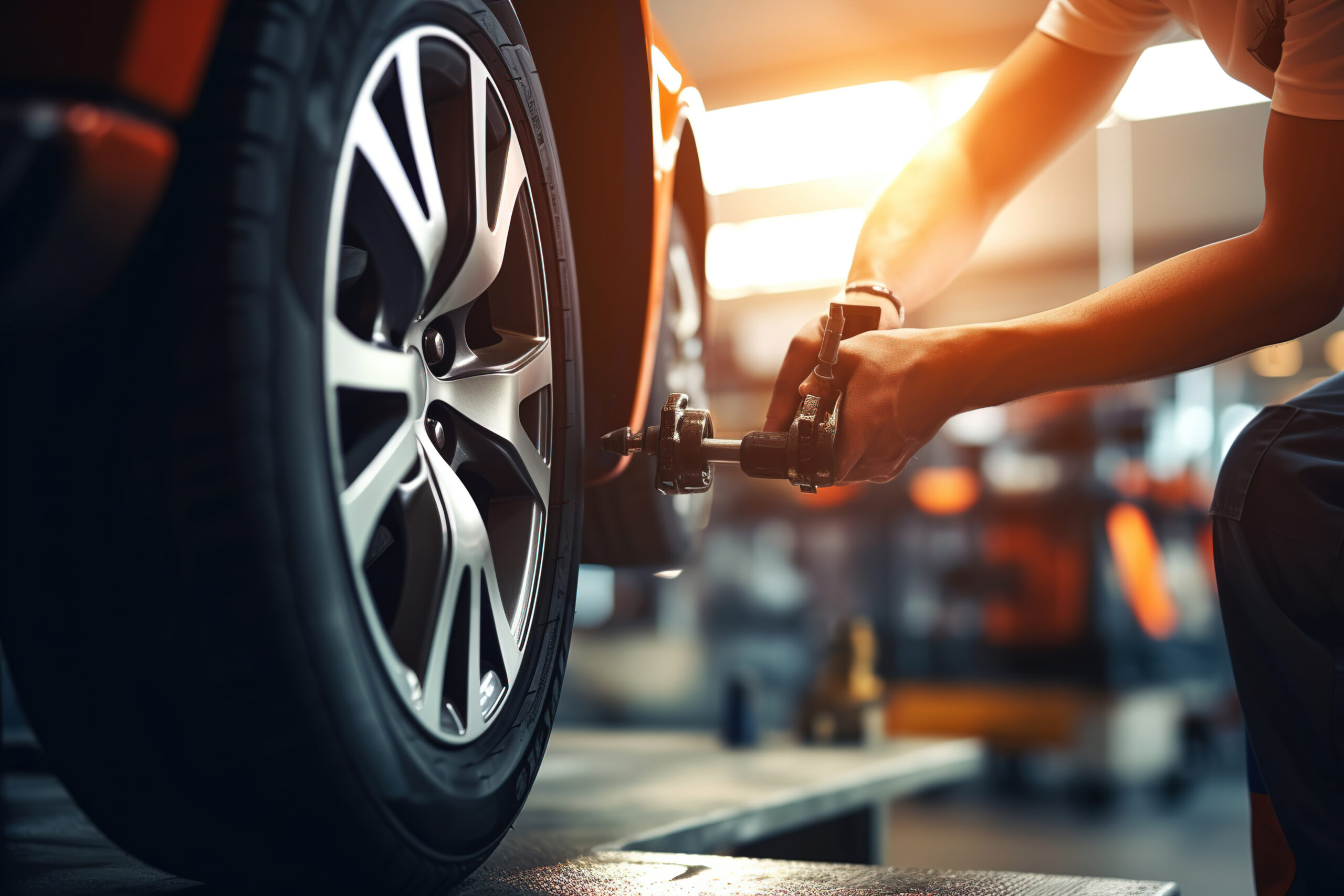 Technician man changing car tyres in auto repair service center.