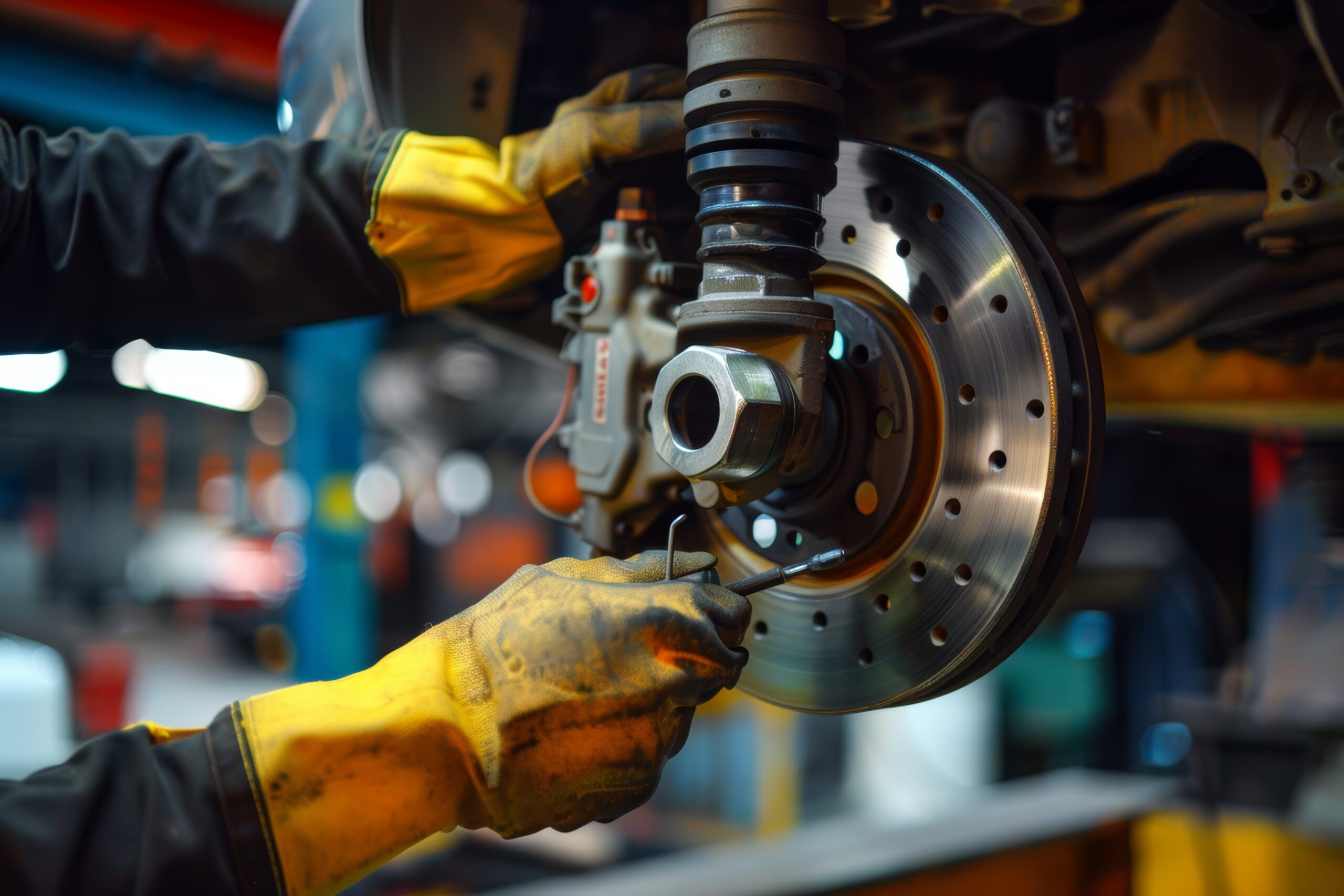 Mechanic Performing Brake System Flush with Tools and Fluids in Auto Repair Shop