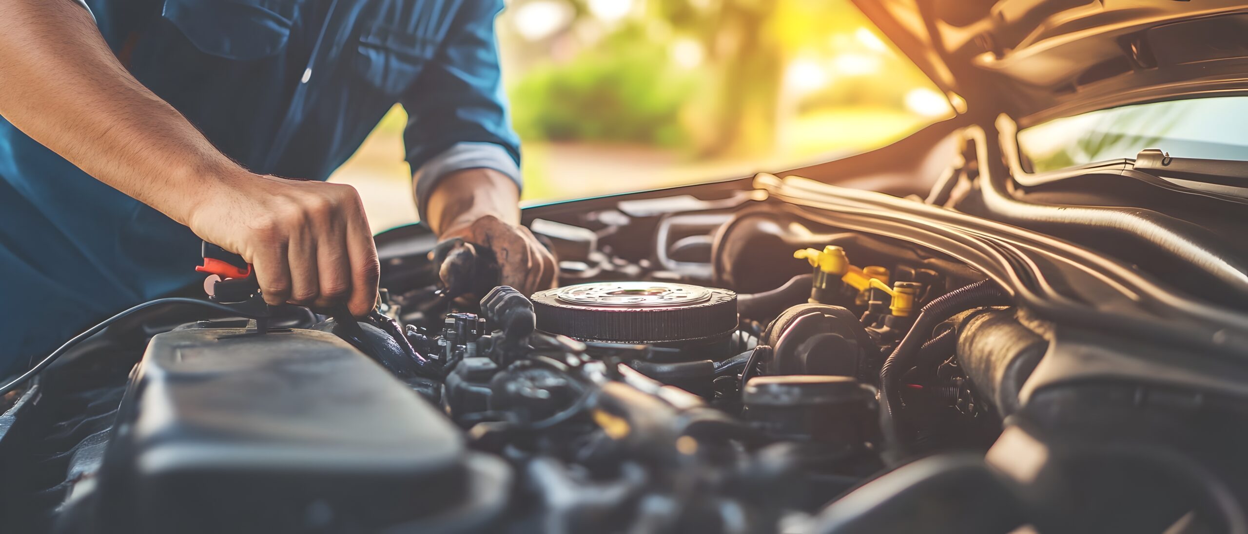 Skilled Mechanic Inspecting and Repairing Car Engine in Automotive Workshop Closeup of a mechanic s hands working on a car engine